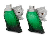 A Pair of Silver-Plate and Green Glass Cockatoo Decanters