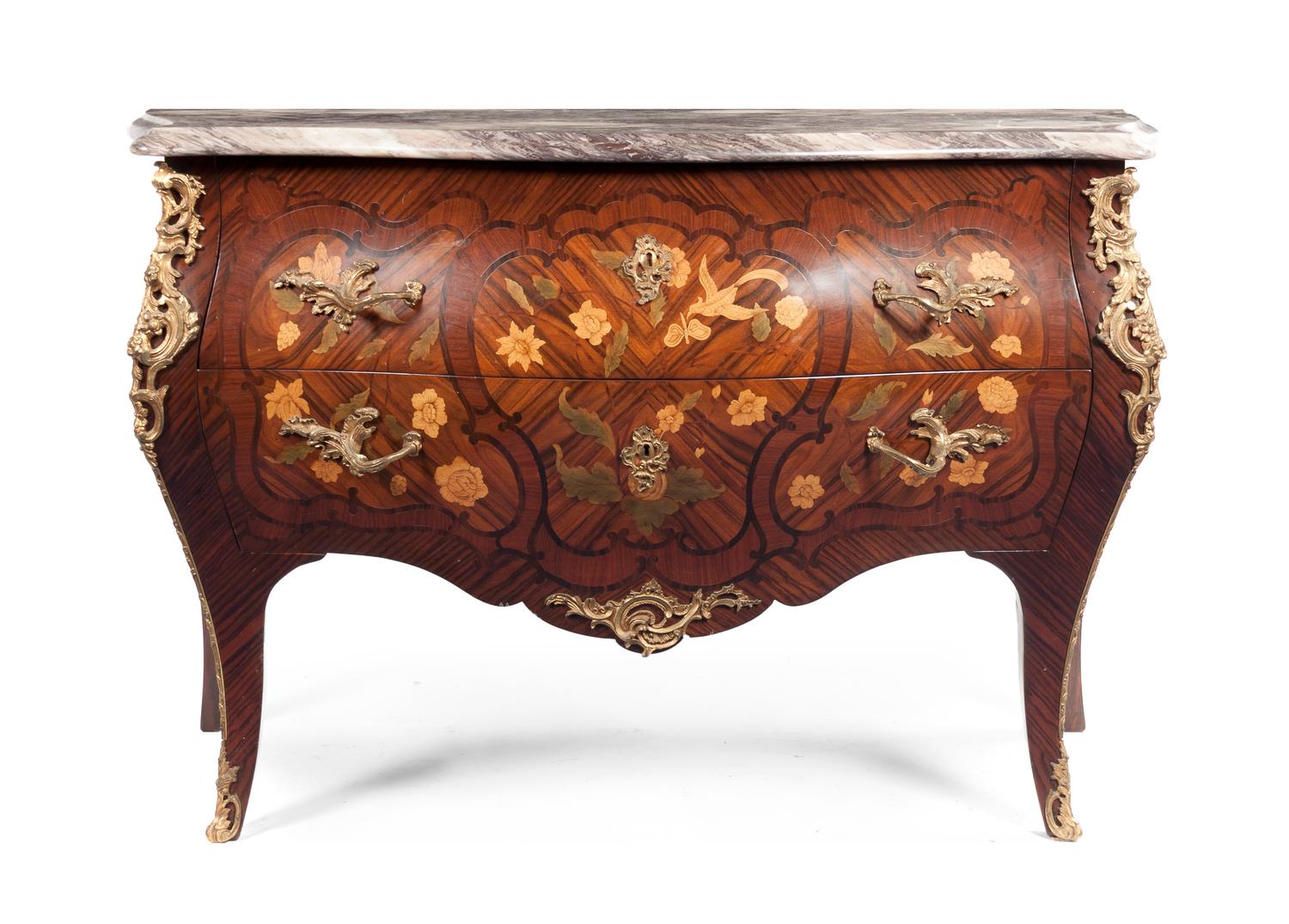 A Louis XV Style Marquetry and Gilt Metal Mounted Commode, Height 33 x width 53 x depth 22 inches.