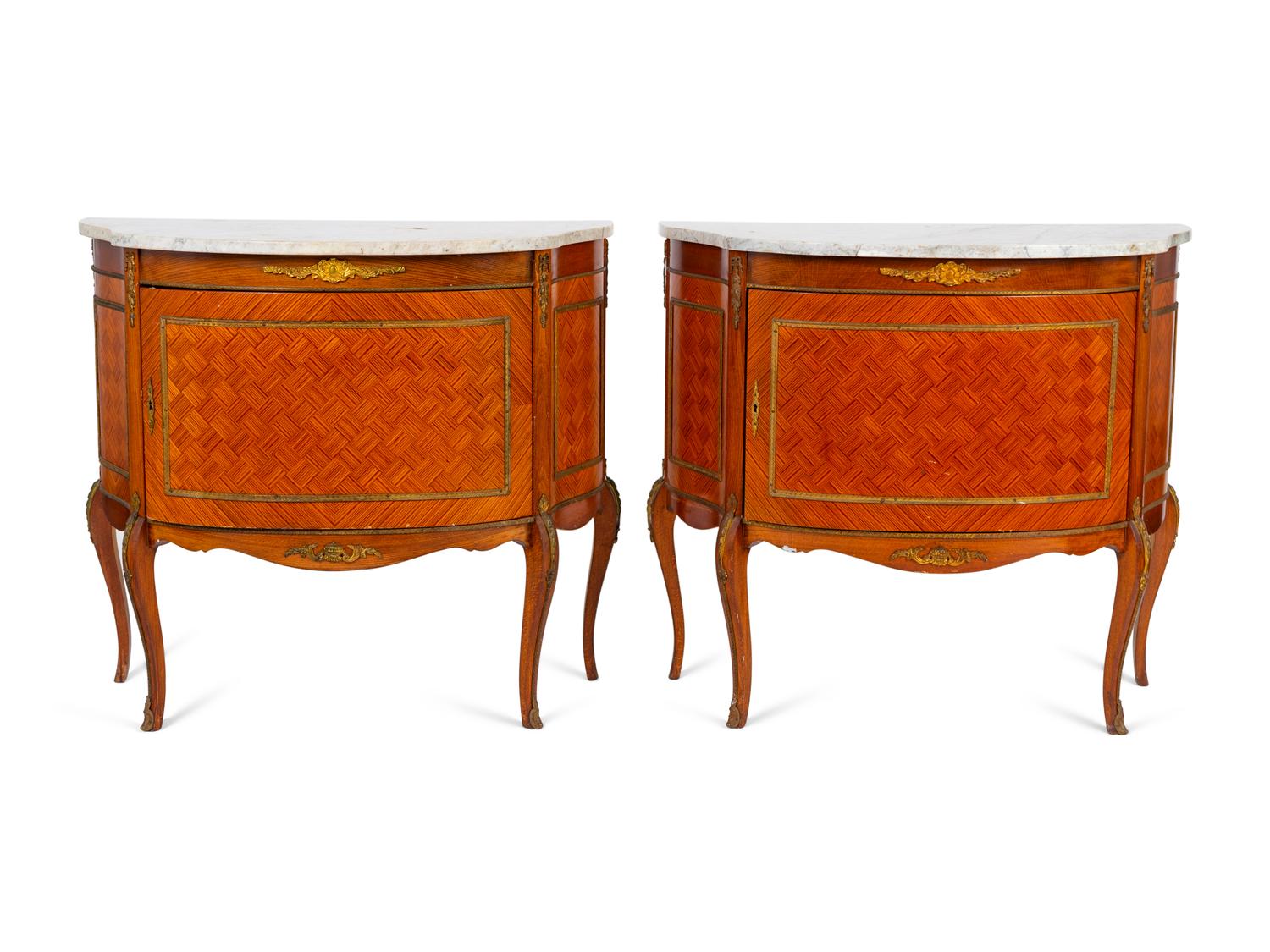 A Pair of Louis XV/XVI Transitional Style Marble Top Parquetry Cabinets — EARLY 20TH CENTURY