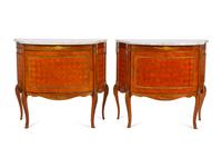 A Pair of Louis XV/XVI Transitional Style Marble Top Parquetry Cabinets — EARLY 20TH CENTURY