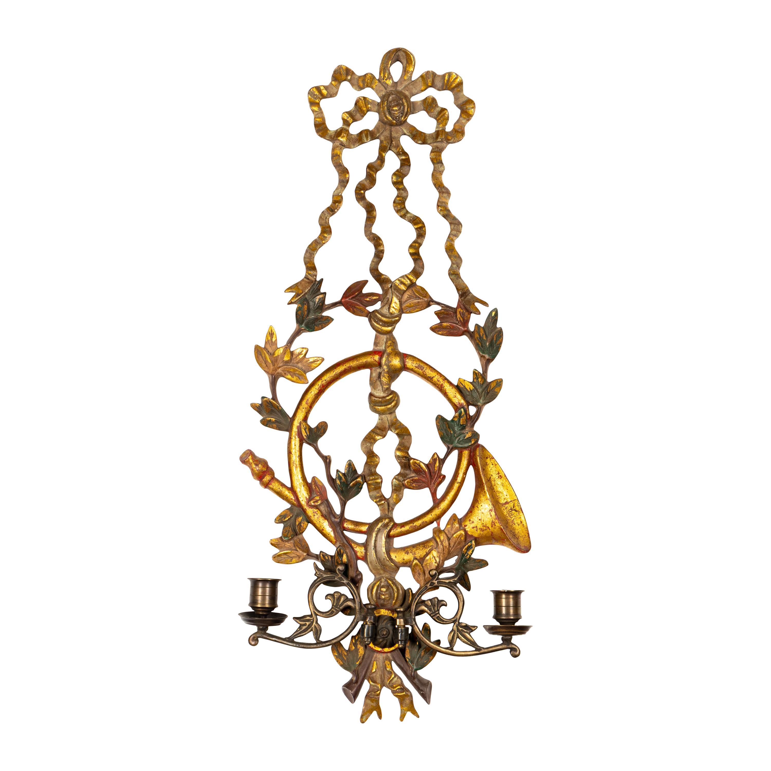 A Giltwood and Polychrome Painted Two-Light Sconce