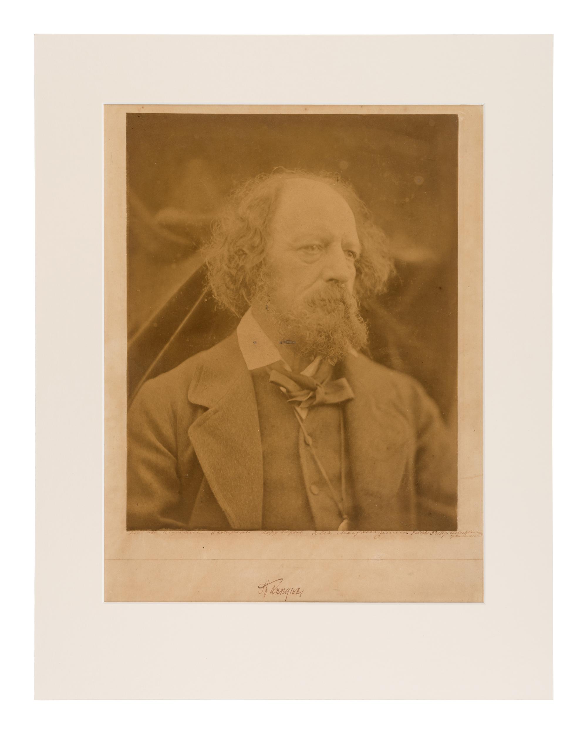 [TENNYSON, Alfred (1809-1892), subject]. -- CAMERON, Julia Margaret (1815-1879), photographer. Albumen photograph portrait of Tennyson, SIGNED BY BOTH, 3 June 1869.