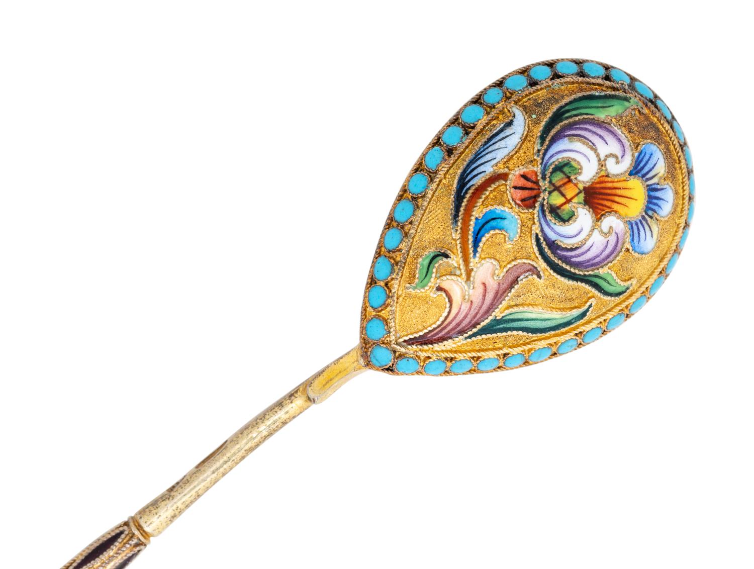 Six Russian Enameled Silver-Gilt Teaspoons