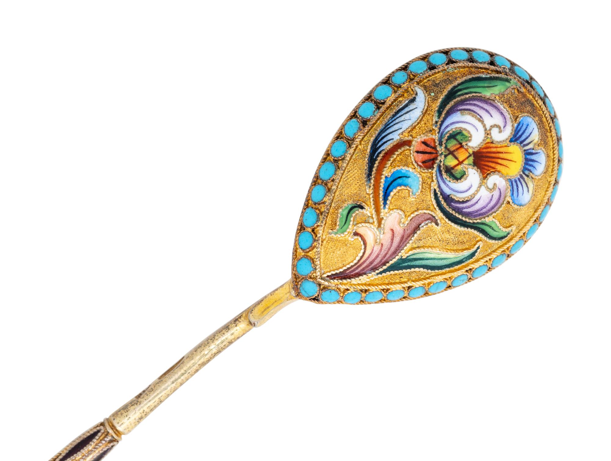 Six Russian Enameled Silver-Gilt Teaspoons