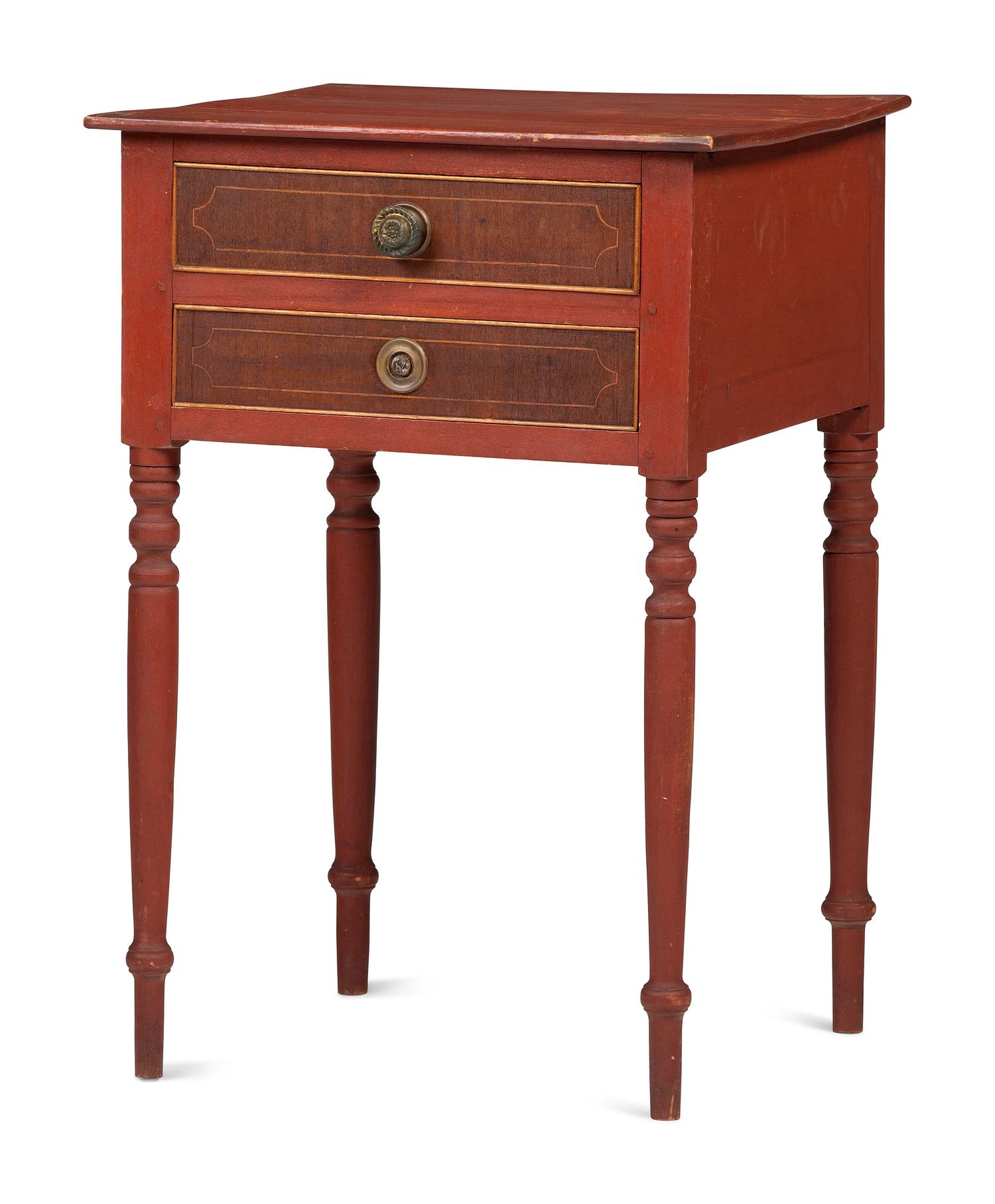 A Classical Inlaid Walnut and Red Painted Maple Two-Drawer Work Table