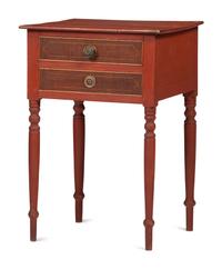 A Classical Inlaid Walnut and Red Painted Maple Two-Drawer Work Table