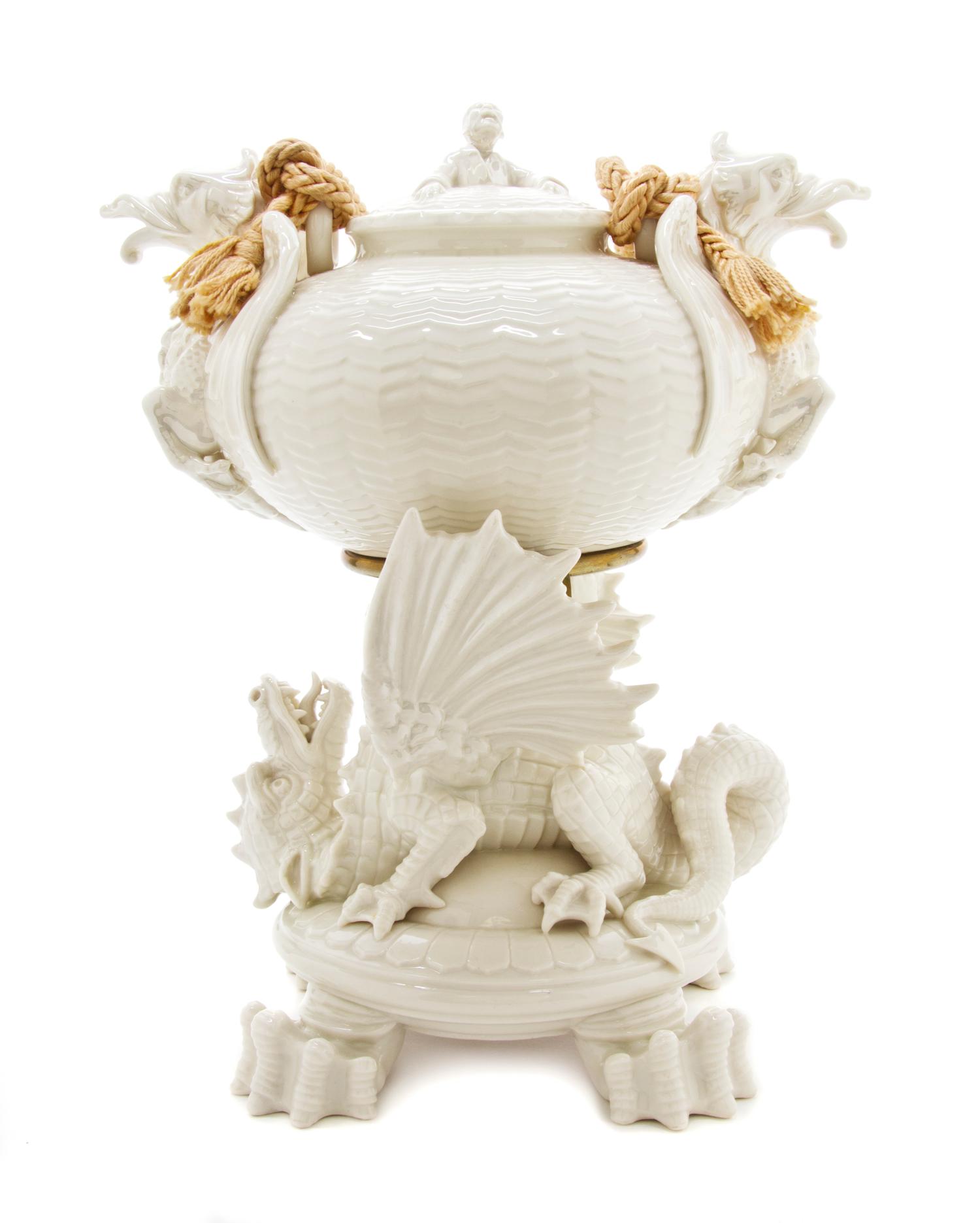 A Belleek Chinese Tea Urn, Height overall 14 inches.