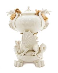A Belleek Chinese Tea Urn, Height overall 14 inches.
