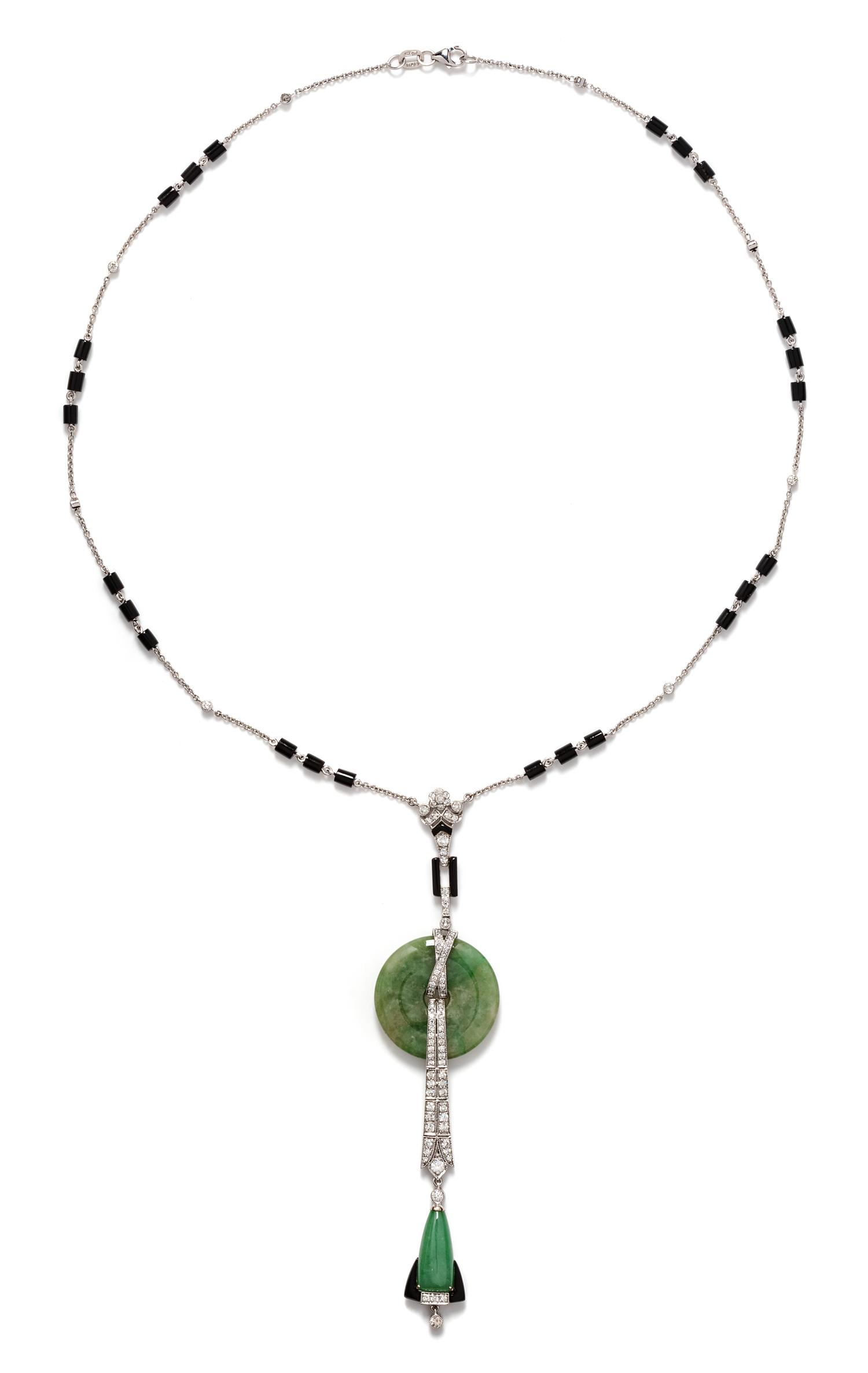 An 18 Karat White Gold, Jade, Diamond and Onyx Necklace,