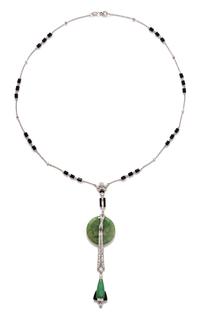 An 18 Karat White Gold, Jade, Diamond and Onyx Necklace,
