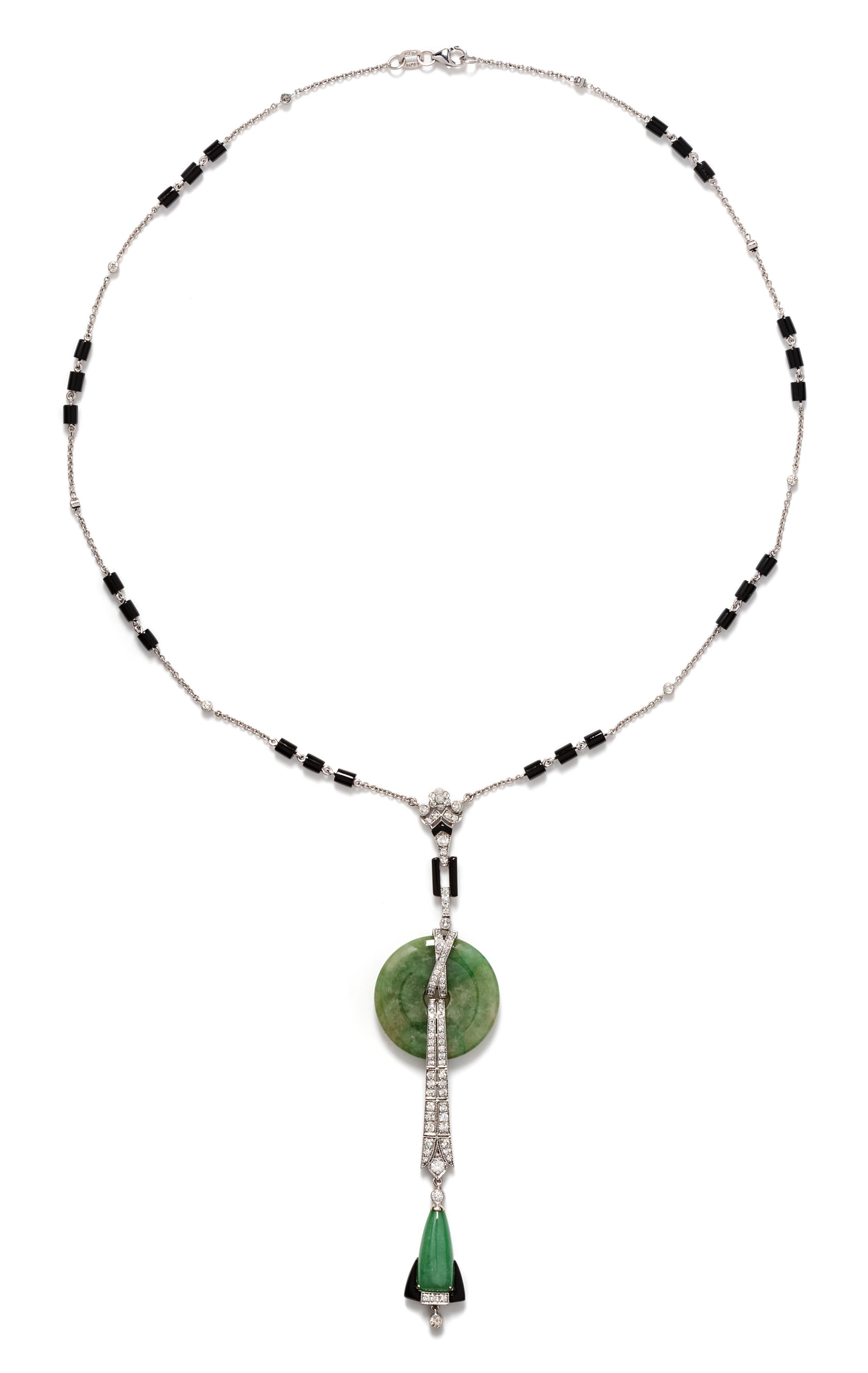An 18 Karat White Gold, Jade, Diamond and Onyx Necklace,