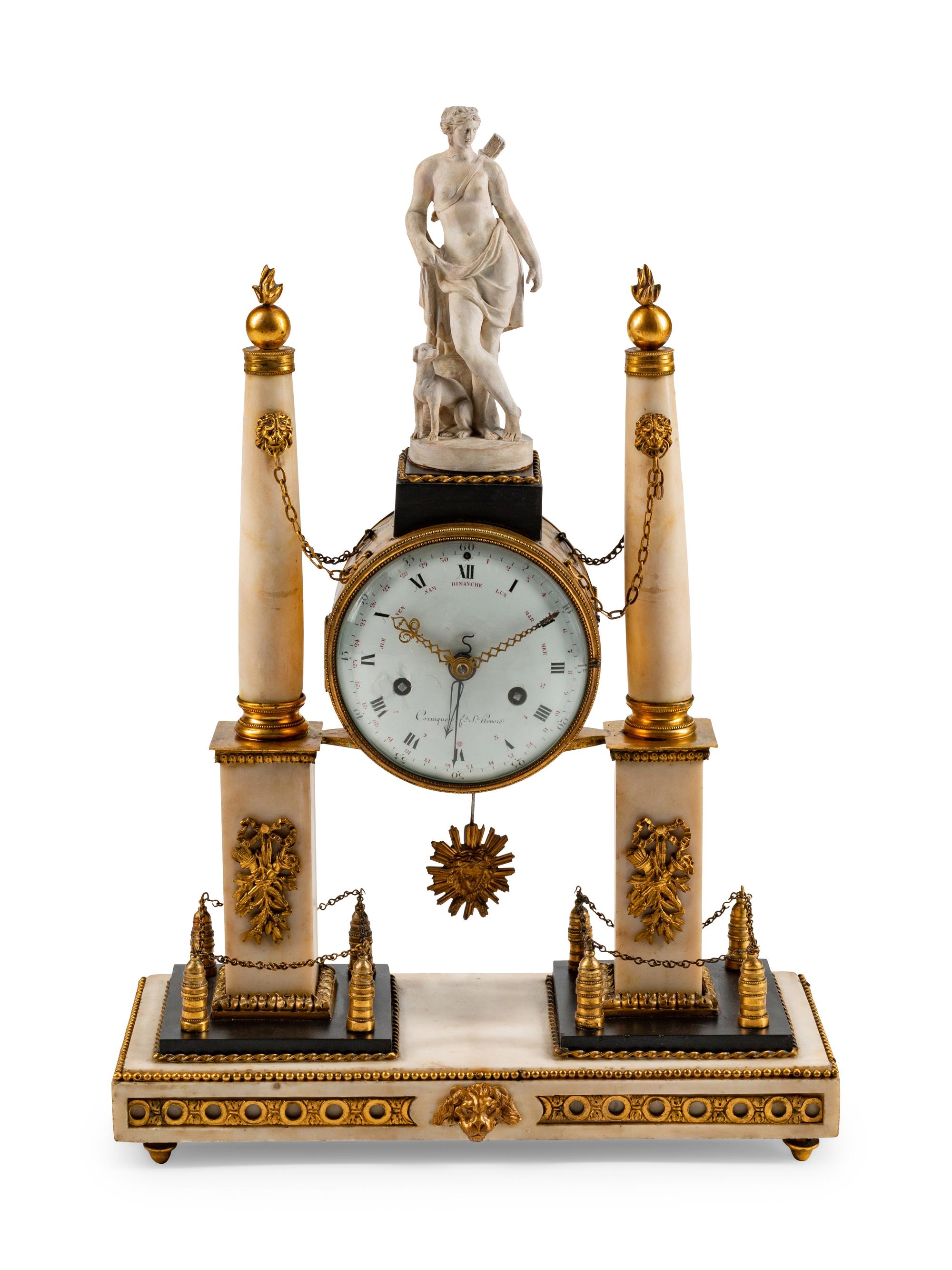 A Louis XVI Style Gilt-Bronze-Mounted Bisque and Marble Mantel Clock — THE DIAL INSCRIBED CORNIQUER, ST. HONORE, 19TH CENTURY