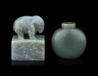 A Chinese Celadon Jade Seal and a Celadon Jade Snuff Bottle