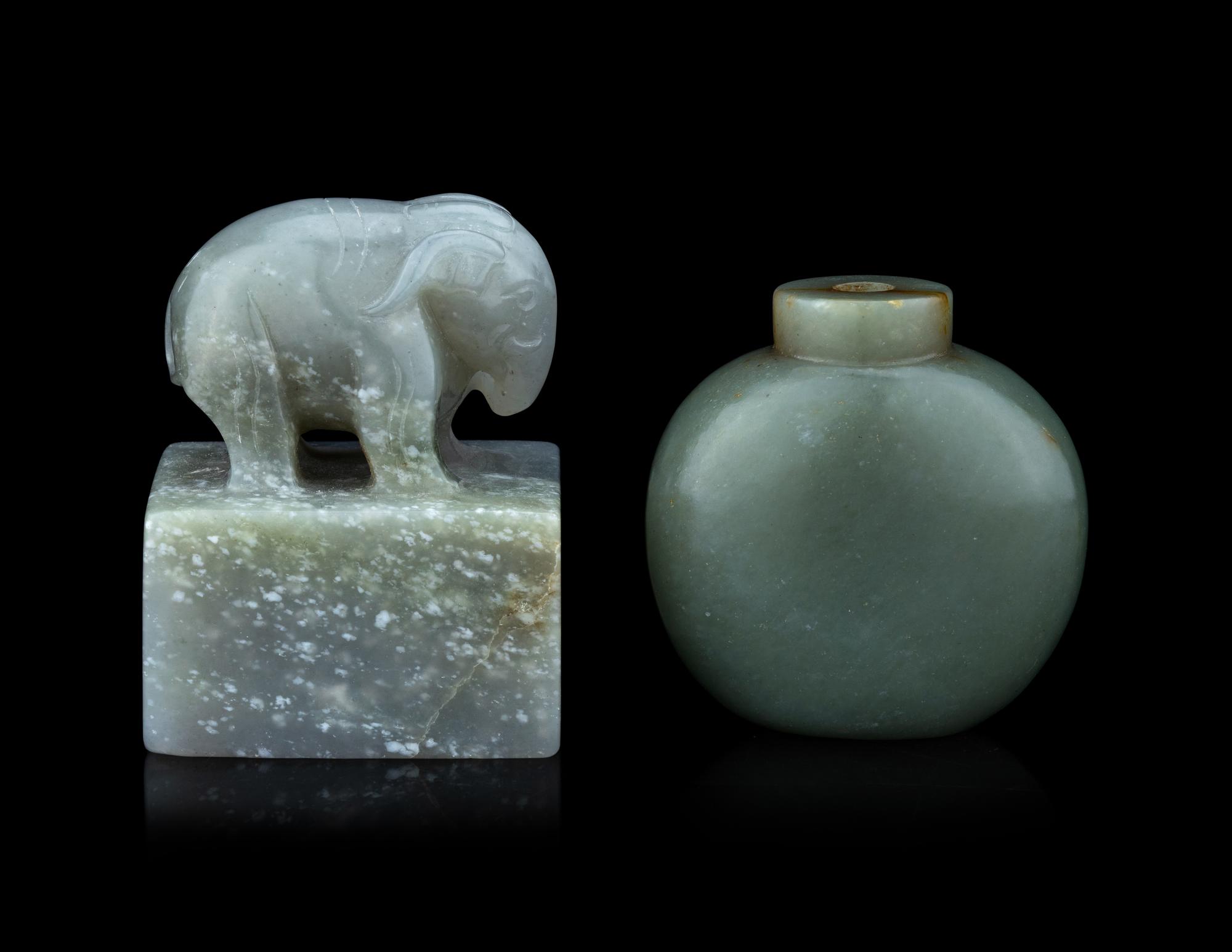 A Chinese Celadon Jade Seal and a Celadon Jade Snuff Bottle