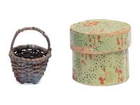 A Miniature Wallpaper Hat Box and Miniature Basket