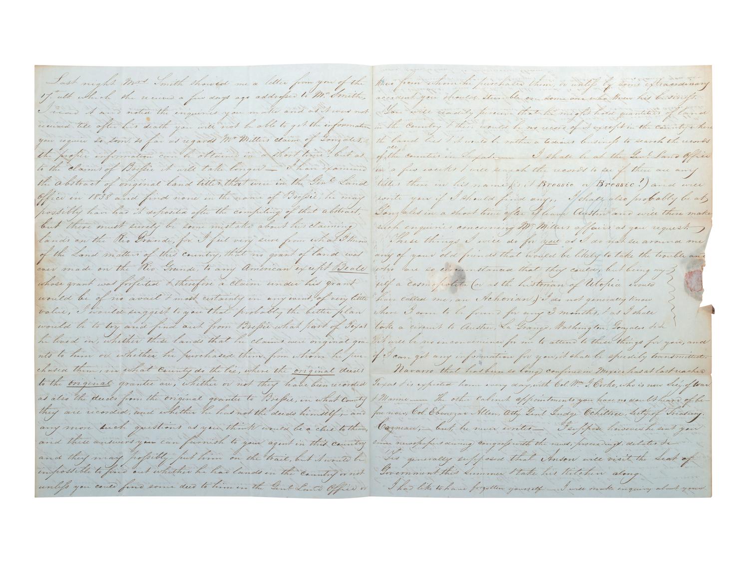 [TEXAS]. UPSHAW, Horace L. Autograph letter signed twice ("H. L. Upshaw," "H. Upshaw"), to George W. Blow Jr. San Antonio, 16 February 1845.