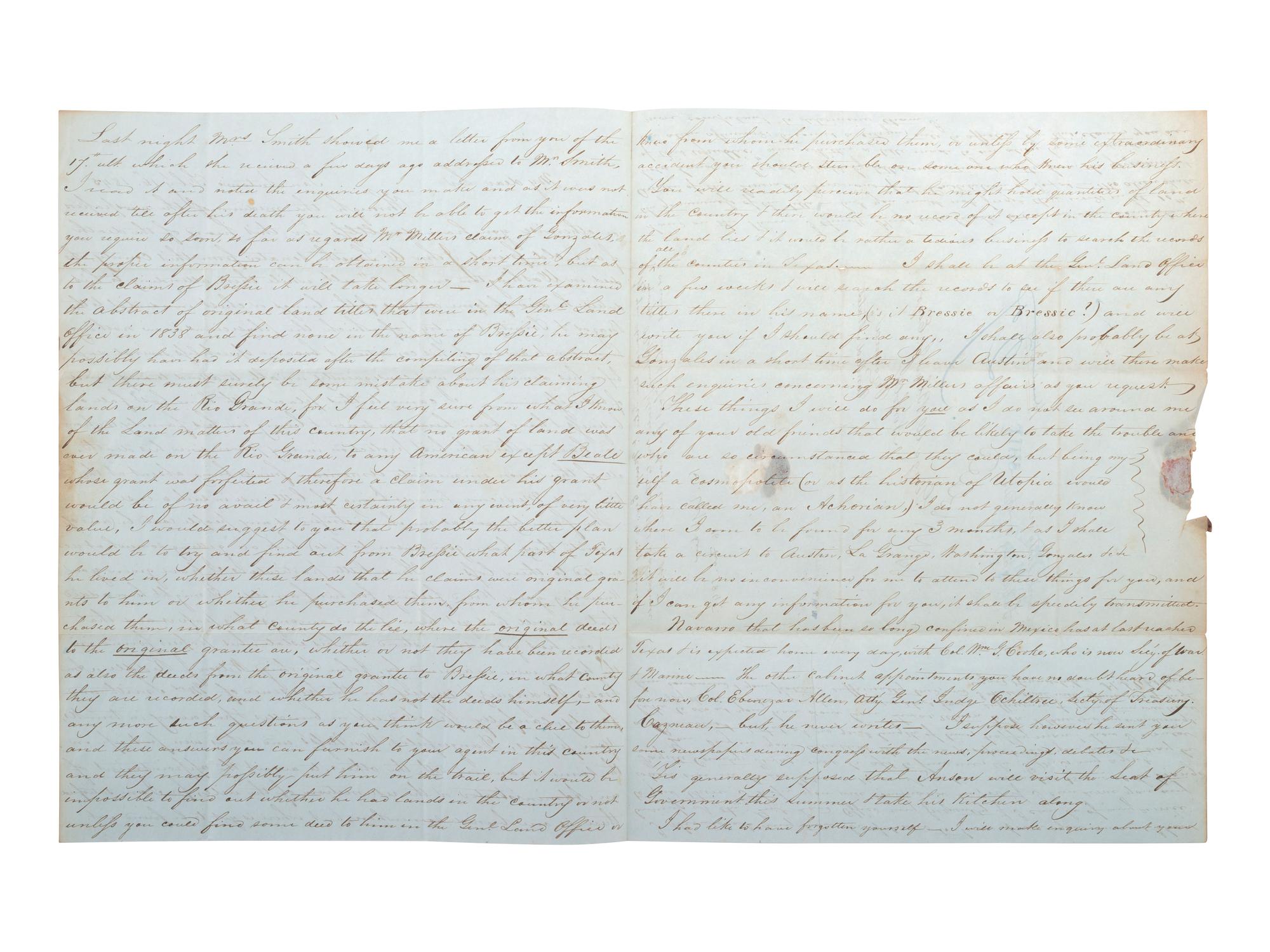 [TEXAS]. UPSHAW, Horace L. Autograph letter signed twice ("H. L. Upshaw," "H. Upshaw"), to George W. Blow Jr. San Antonio, 16 February 1845.