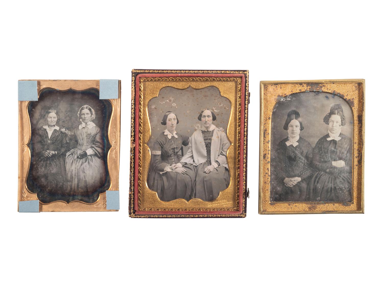 [EARLY PHOTOGRAPHY]. A group of 15 daguerreotype portraits of pairs of women, including: