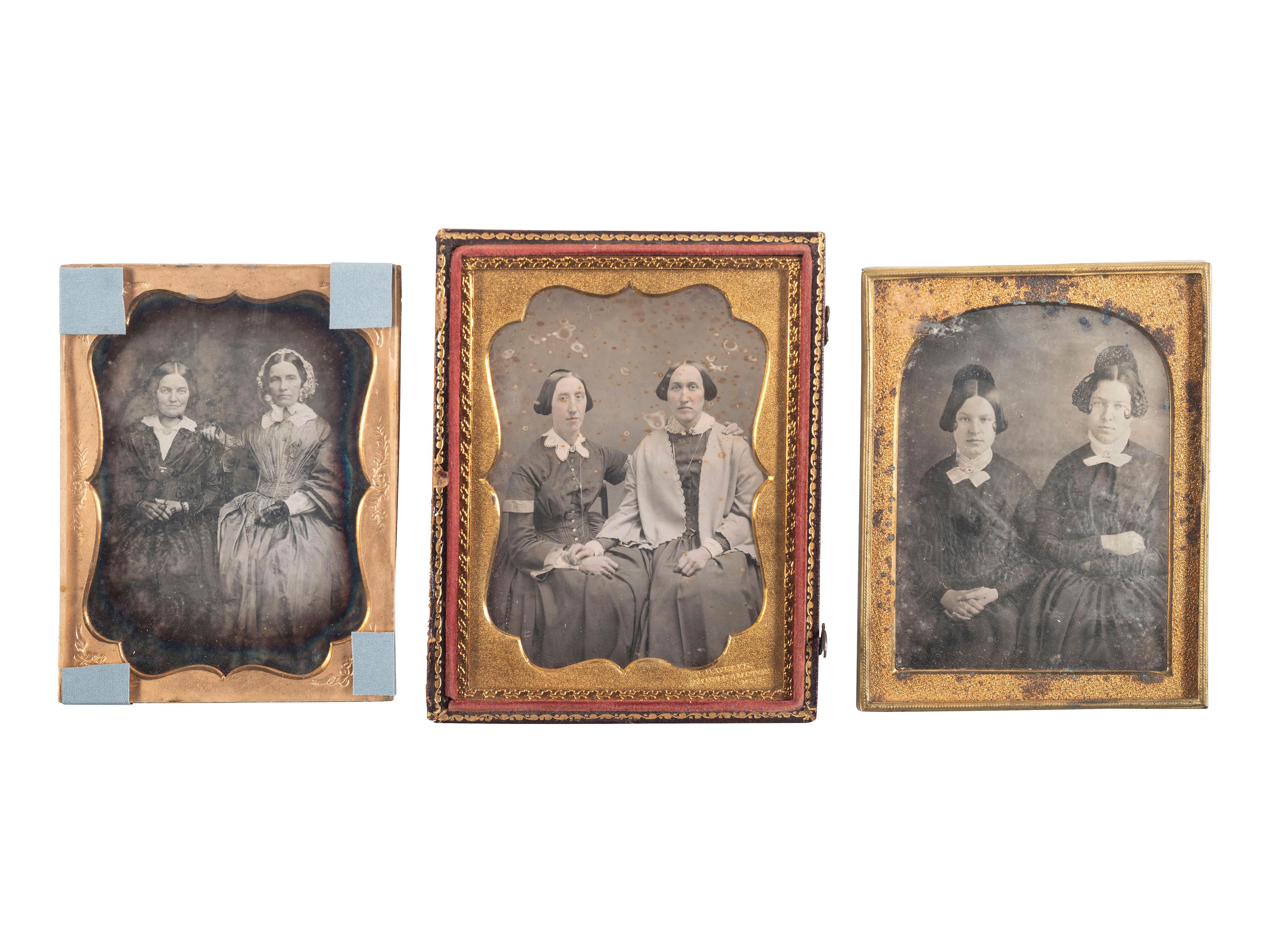 [EARLY PHOTOGRAPHY]. A group of 15 daguerreotype portraits of pairs of women, including: