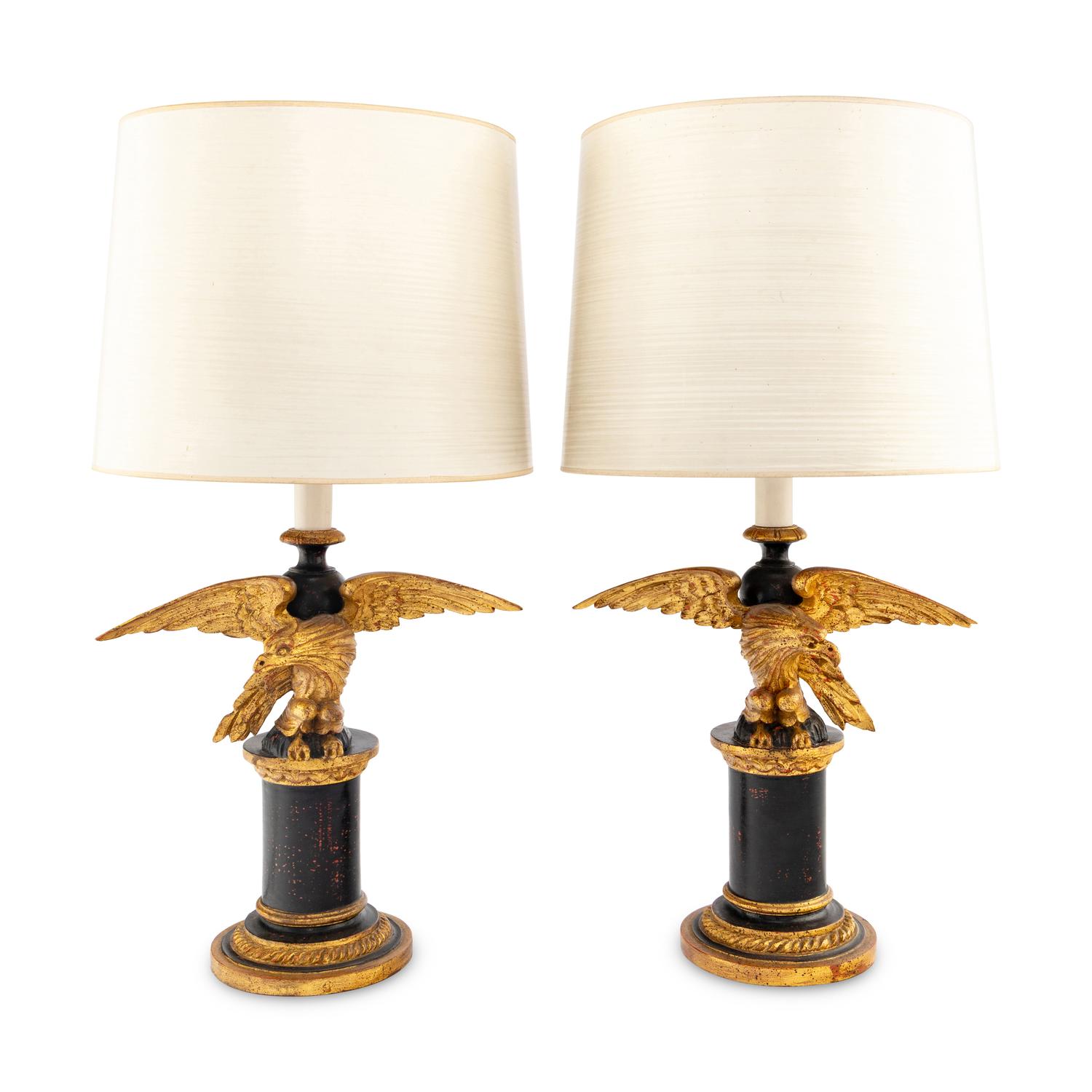 A Pair of Painted and Parcel Gilt Eagle-Form Lamps