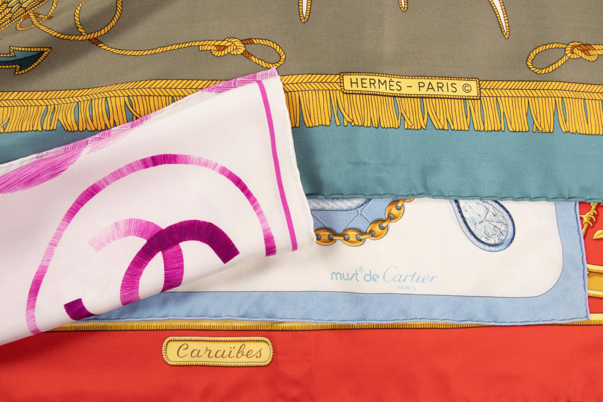 Group of Four Designer Silk Scarves: Two Hermès, One Chanel, One Cartier