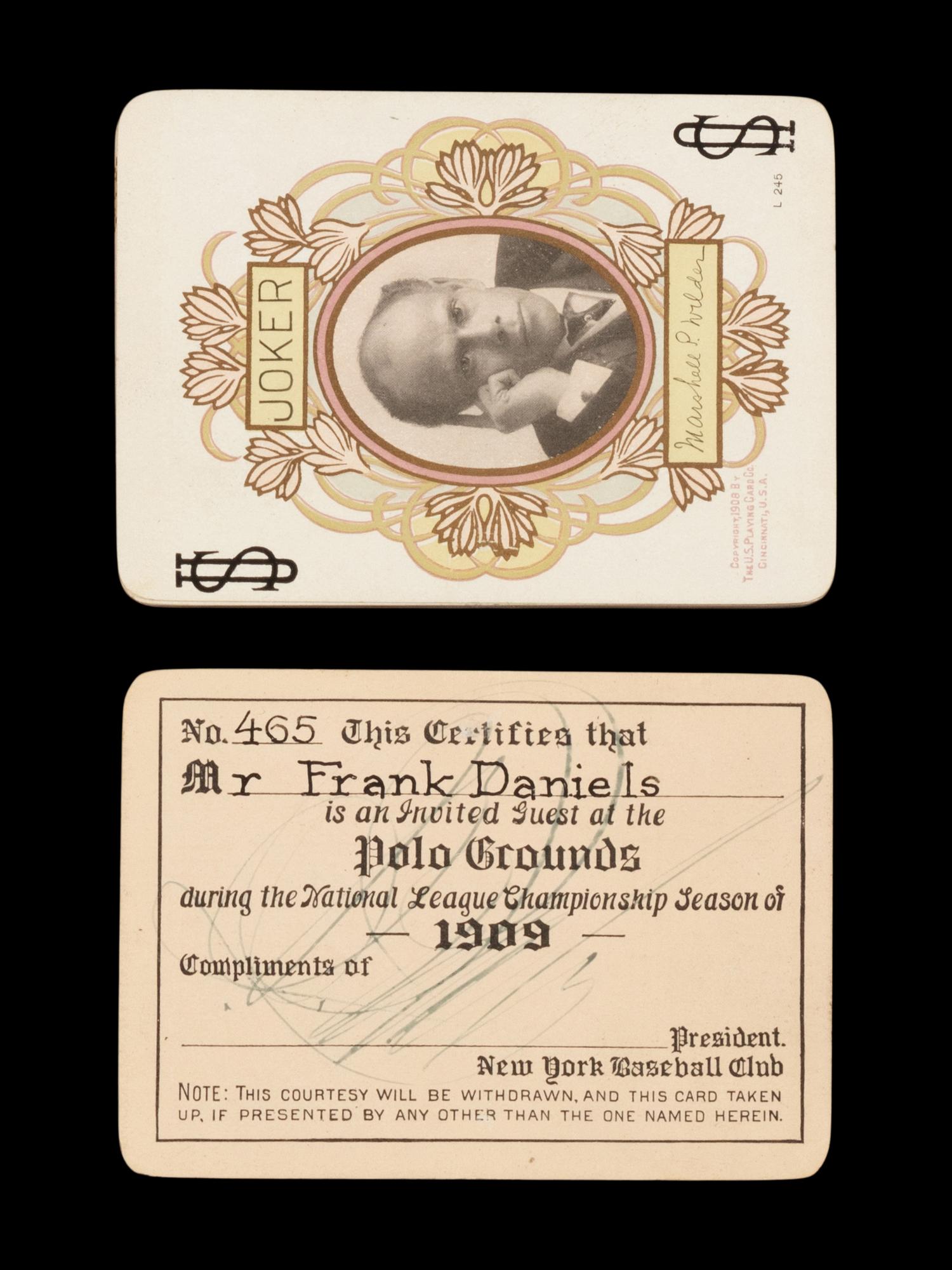 A Rare 1909 New York Giants Polo Grounds Season Pass Signed by John T. Brush and Playing Card Set Presented to Entertainer Frank Daniels