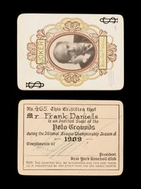 A Rare 1909 New York Giants Polo Grounds Season Pass Signed by John T. Brush and Playing Card Set Presented to Entertainer Frank Daniels
