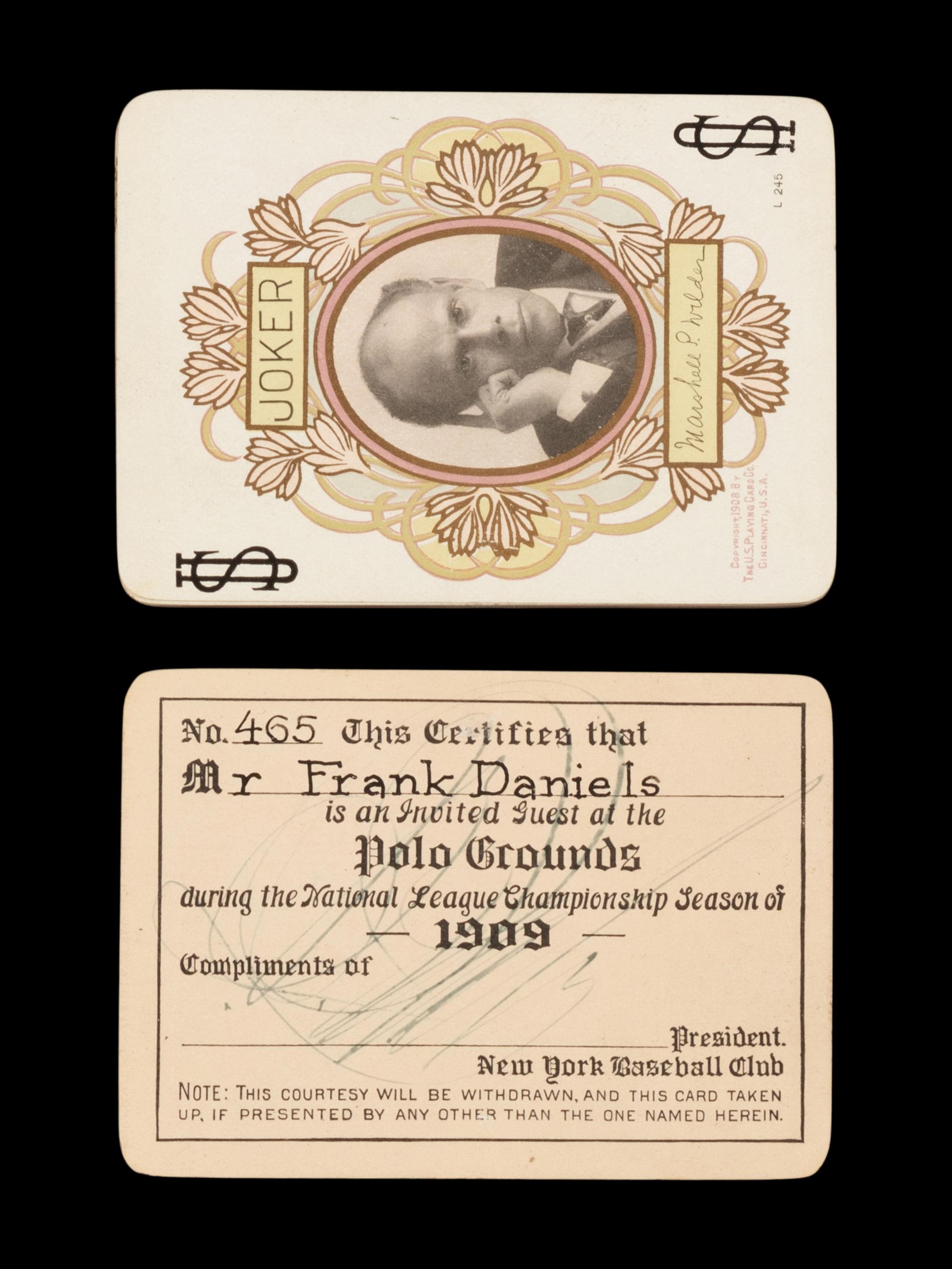 A Rare 1909 New York Giants Polo Grounds Season Pass Signed by John T. Brush and Playing Card Set Presented to Entertainer Frank Daniels