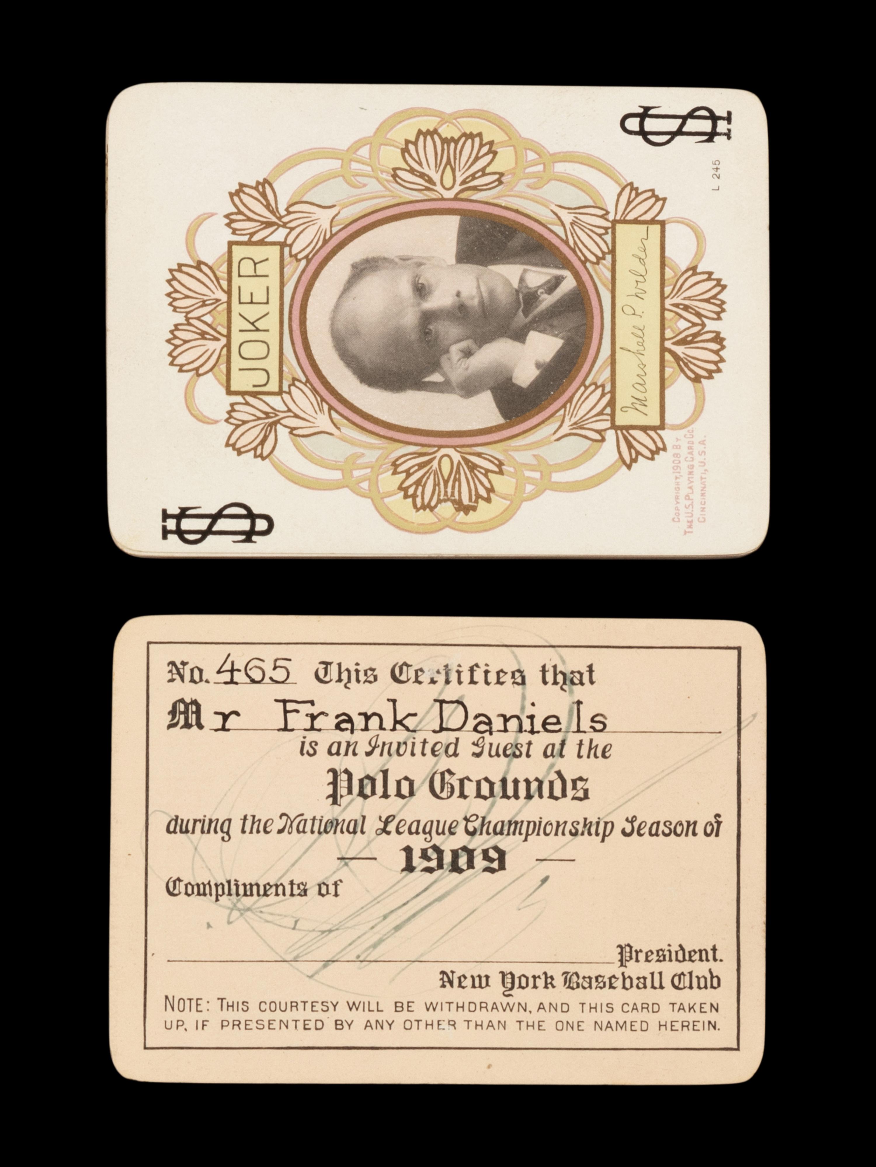 A Rare 1909 New York Giants Polo Grounds Season Pass Signed by John T. Brush and Playing Card Set Presented to Entertainer Frank Daniels