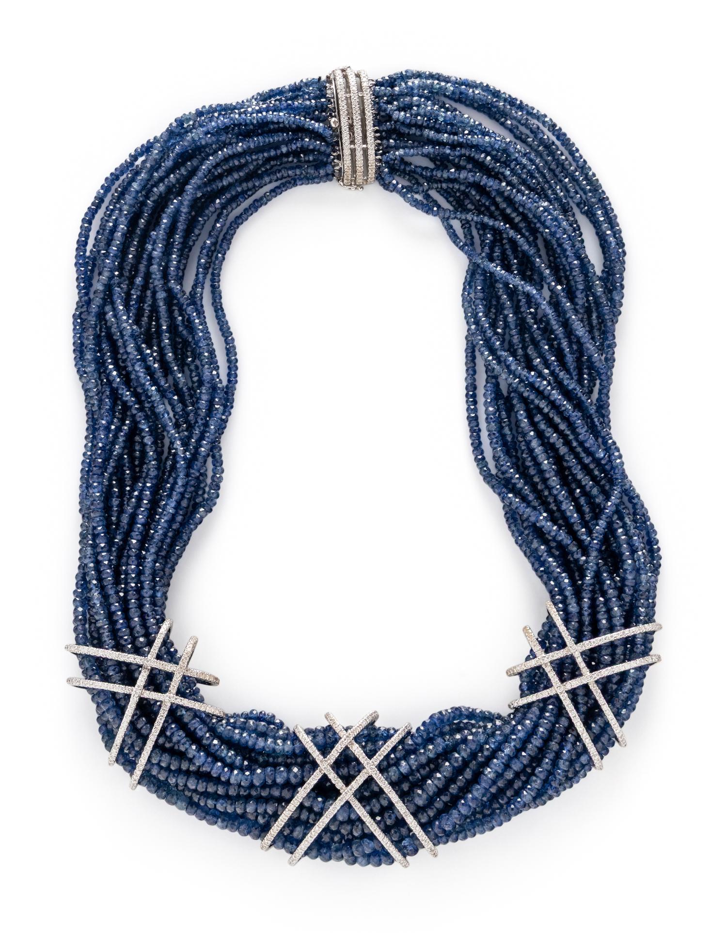 SAPPHIRE, DIAMOND, AND WHITE GOLD BEADED TORSADE NECKLACE