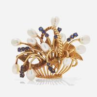 A 14K Yellow Gold, Pearl, and Sapphire Brooch