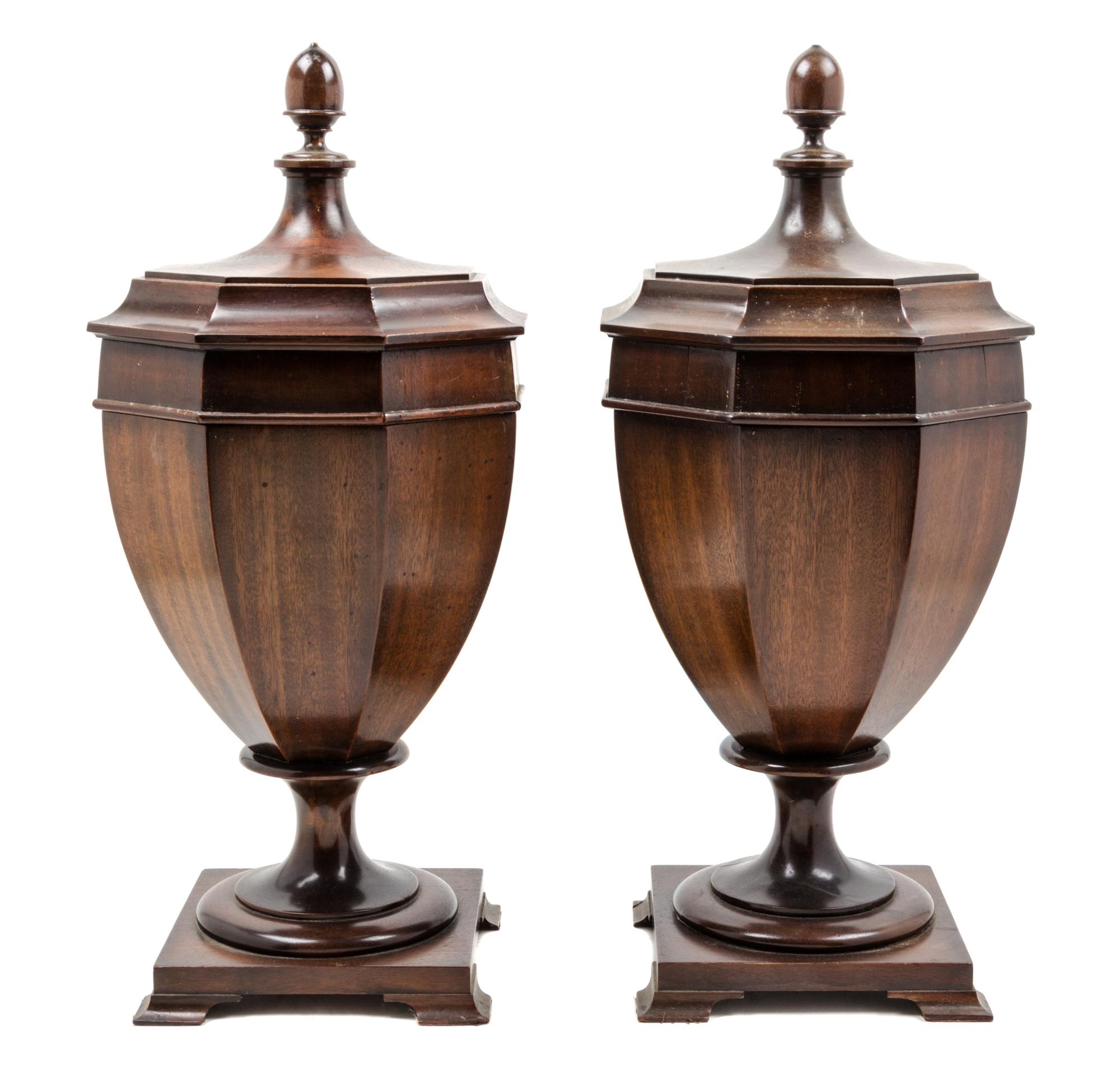 A Pair of George III Style Mahogany Cutlery Urns Height 24 inches. — 19TH CENTURY