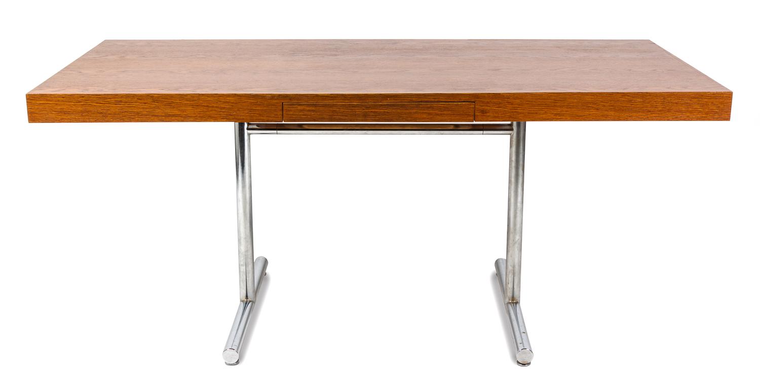 A Walnut and Chromed Omega Desk, Hans Eichenberger for Stendig Height 28 3/4 inches.