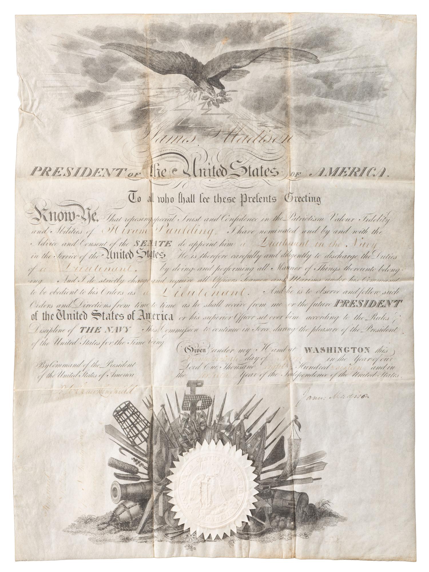 MADISON, James (1751-1836). [PAULDING, Hiram (1797-1878)]. Partly-printed appointment signed ("James Madison"), as President of the United States. Washington, DC. 27 April 1816.