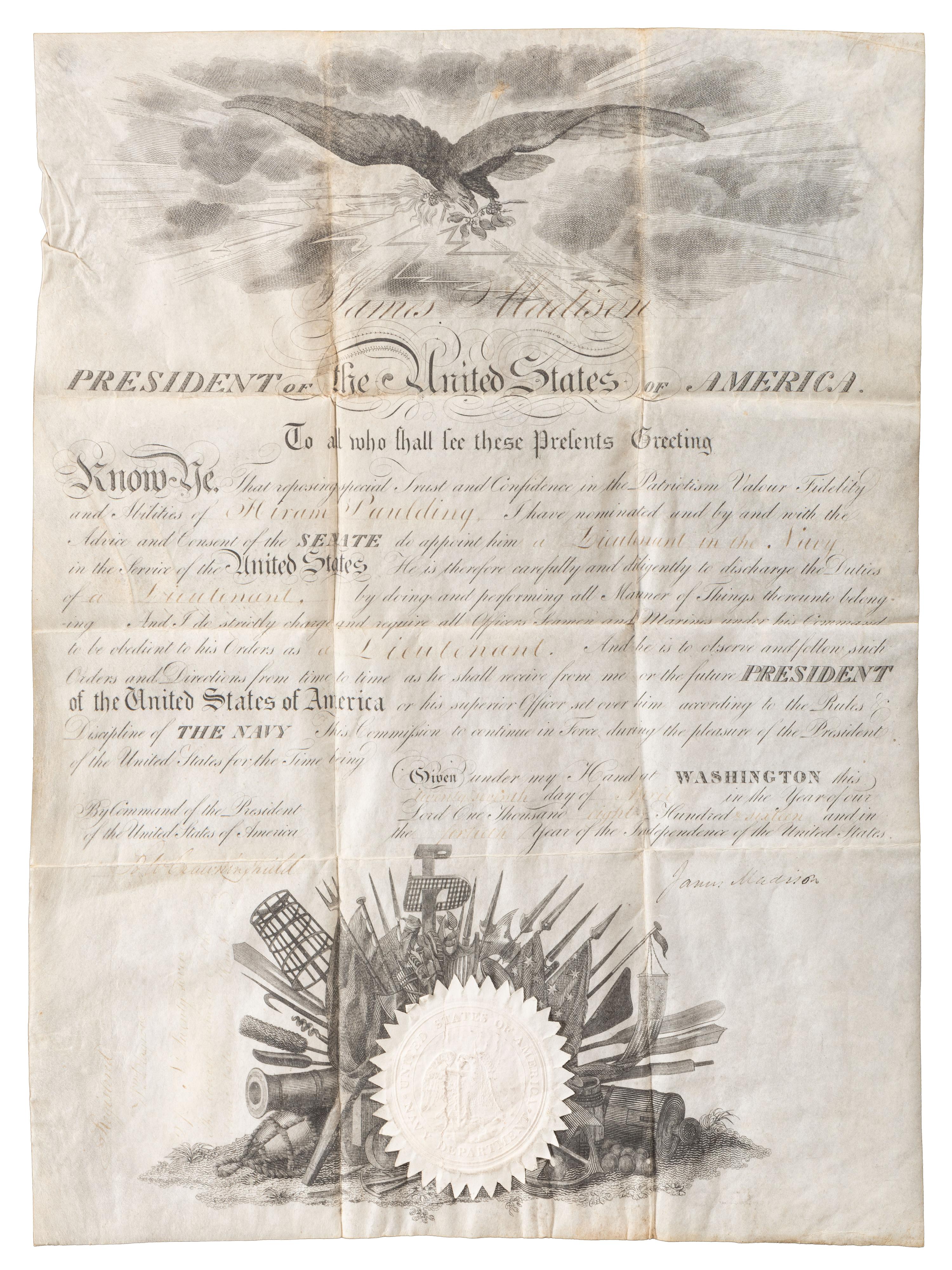 MADISON, James (1751-1836). [PAULDING, Hiram (1797-1878)]. Partly-printed appointment signed ("James Madison"), as President of the United States. Washington, DC. 27 April 1816.