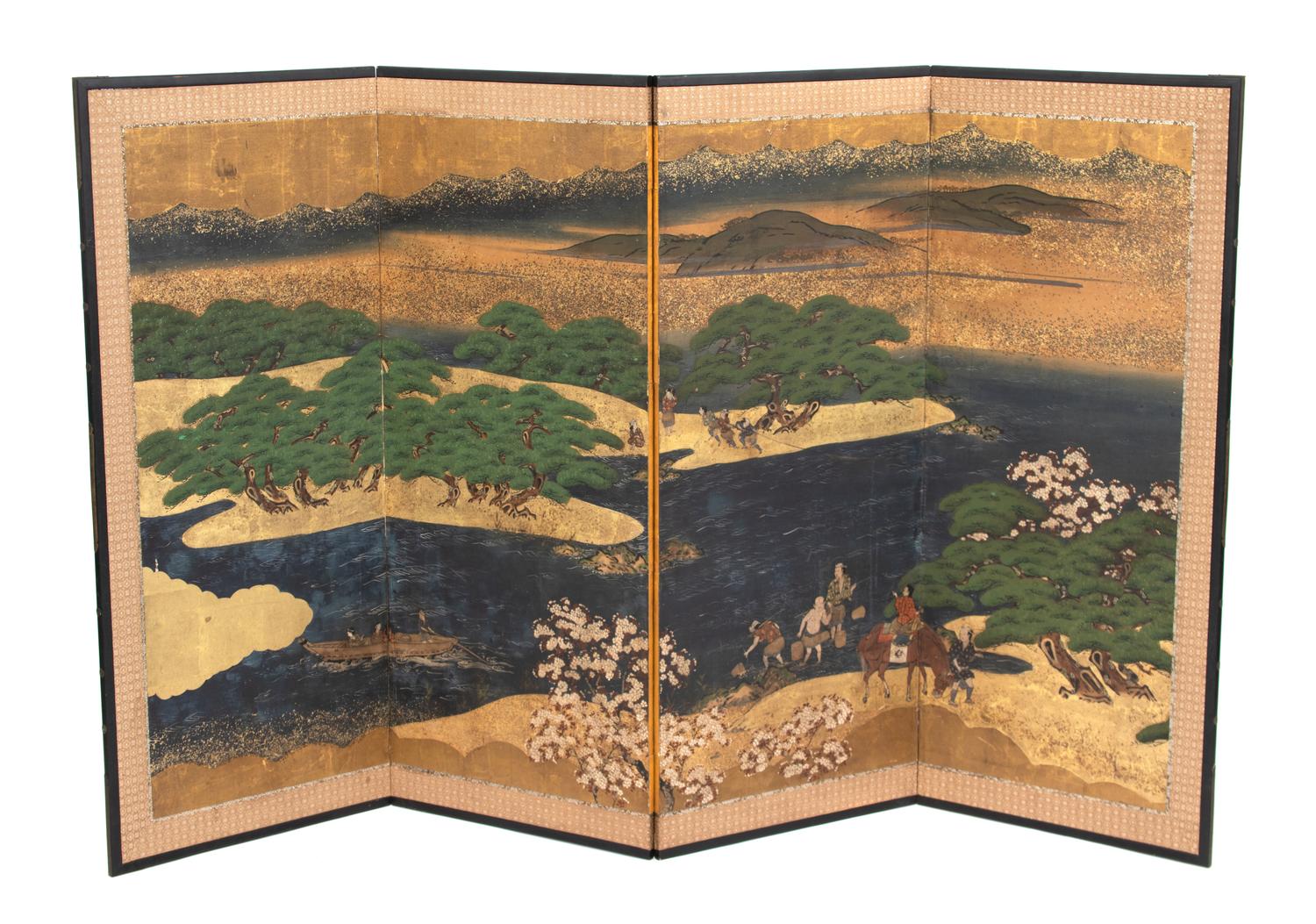 A Pair of Japanese Painted and Gilded Four-Fold Screens Each screen height 47 1/2 ; width 80 inches. — MEIJI PERIOD, 19TH CENTURY