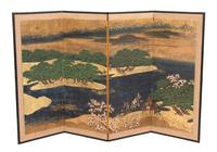 A Pair of Japanese Painted and Gilded Four-Fold Screens Each screen height 47 1/2 ; width 80 inches. — MEIJI PERIOD, 19TH CENTURY