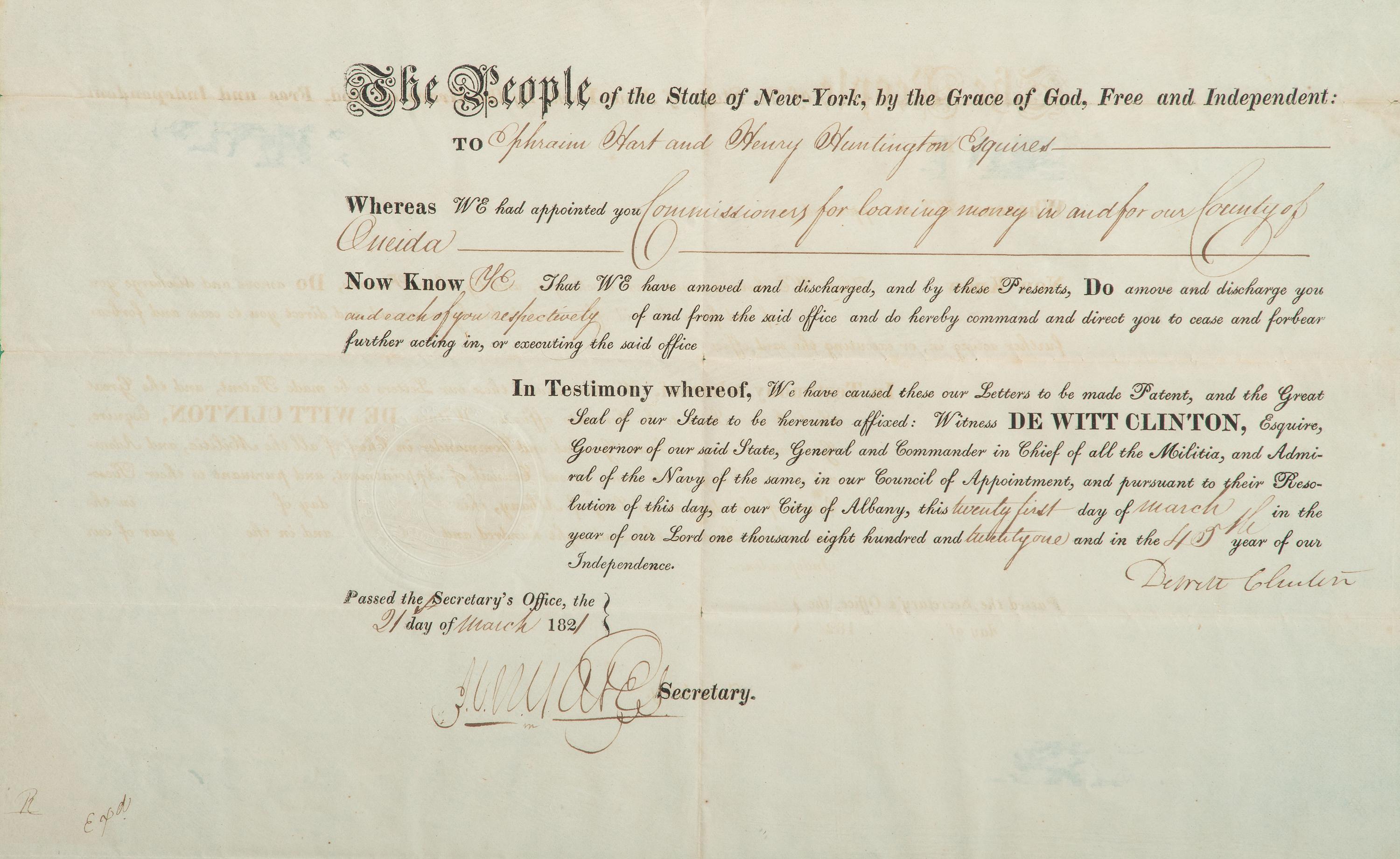 [NEW YORK]. CLINTON, DeWitt (1769-1828). Document signed ("DeWitt Clinton"), as Governor of New York. Albany, NY, 21 March 1821.