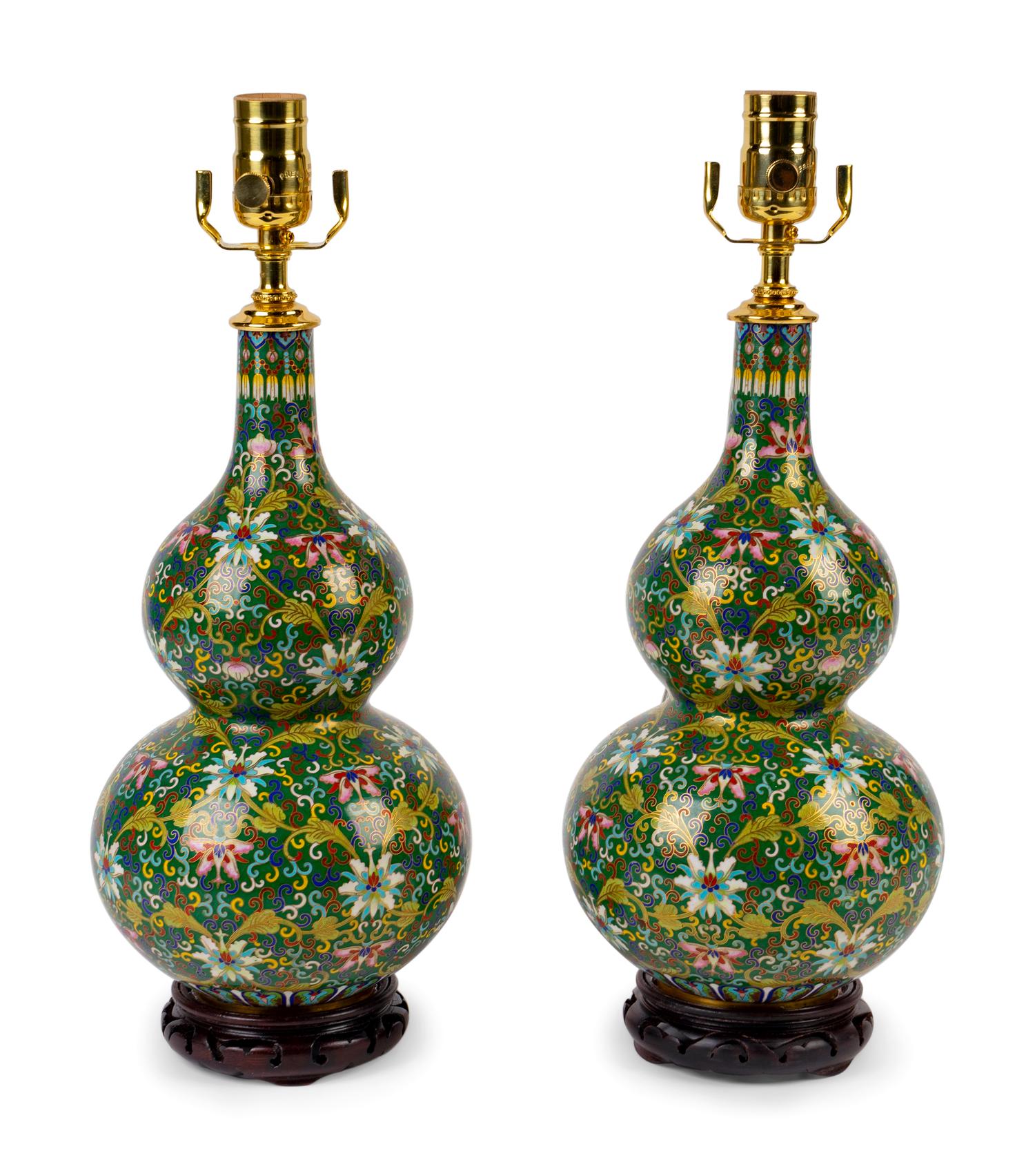 A Pair of Chinese Cloisonne Gourd Form Vases Mounted as Lamps — 20TH CENTURY
