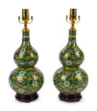 A Pair of Chinese Cloisonne Gourd Form Vases Mounted as Lamps — 20TH CENTURY