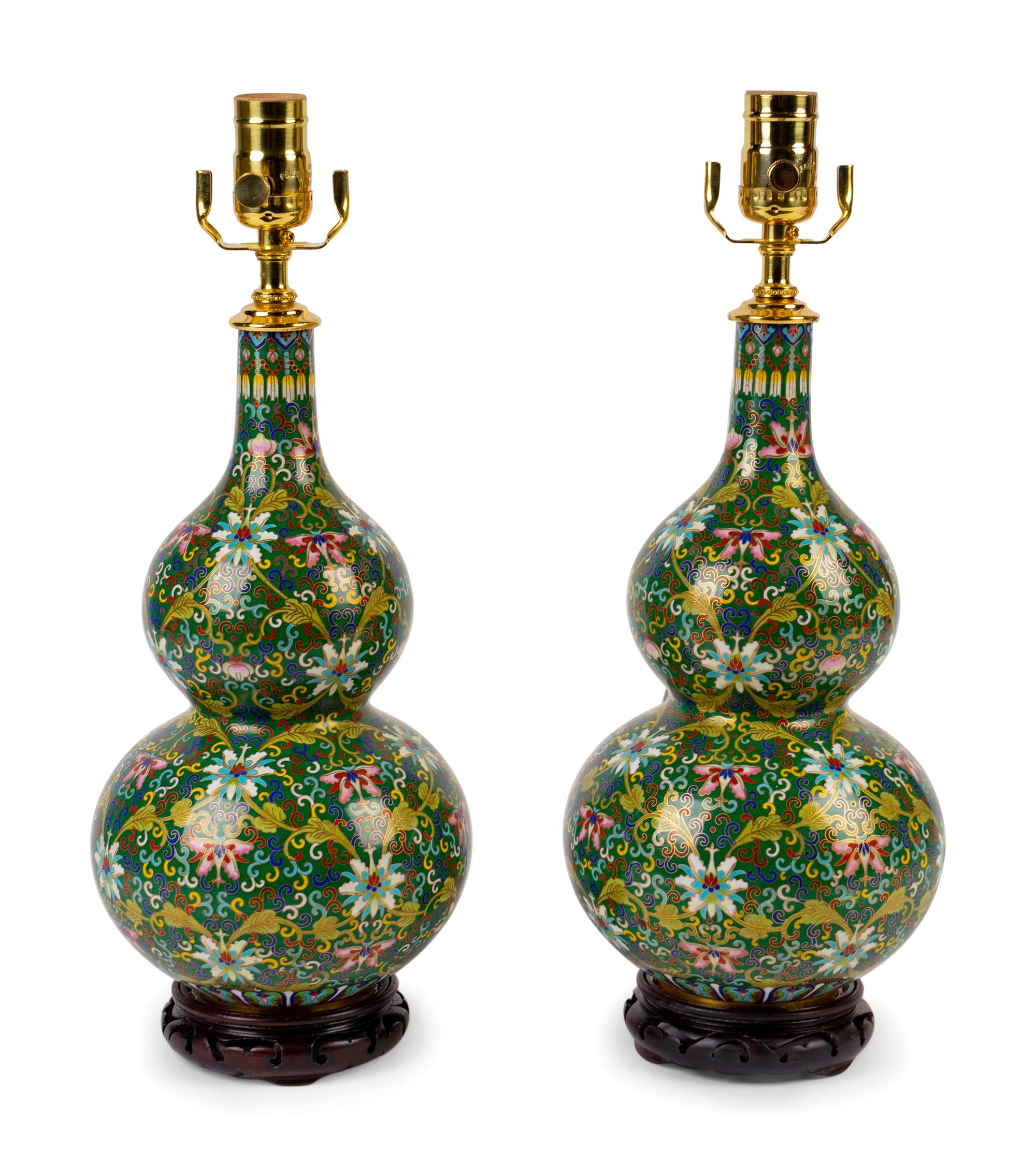 A Pair of Chinese Cloisonne Gourd Form Vases Mounted as Lamps — 20TH CENTURY