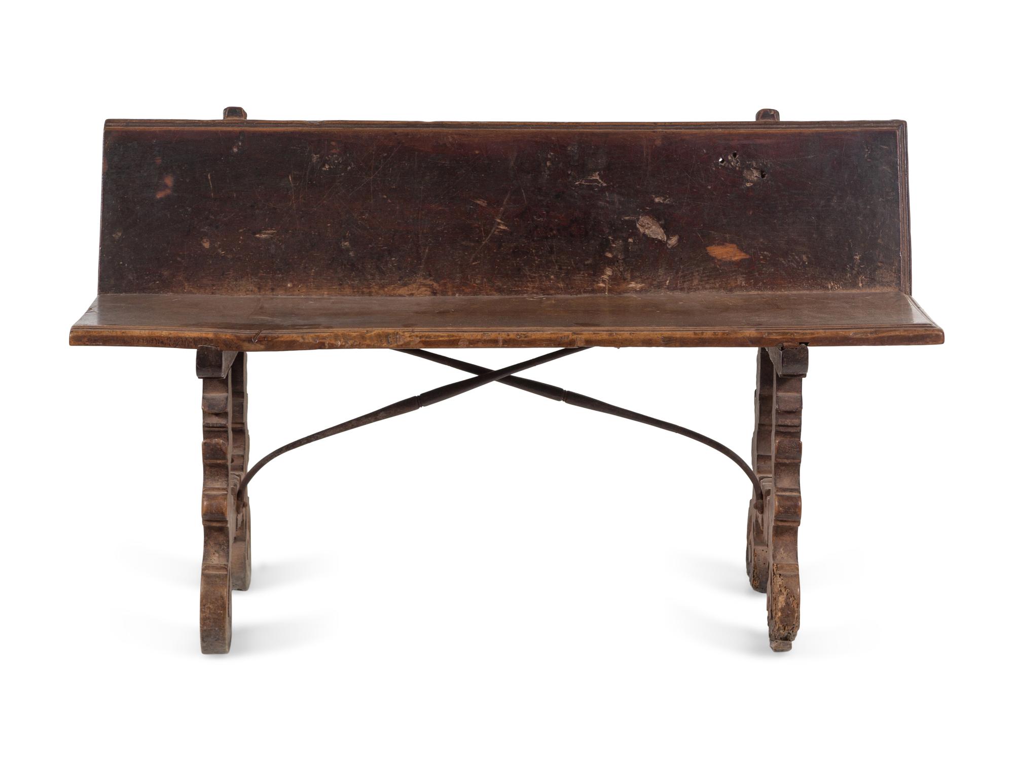 A Baroque Style Wrought Iron Mounted Carved Walnut Bench