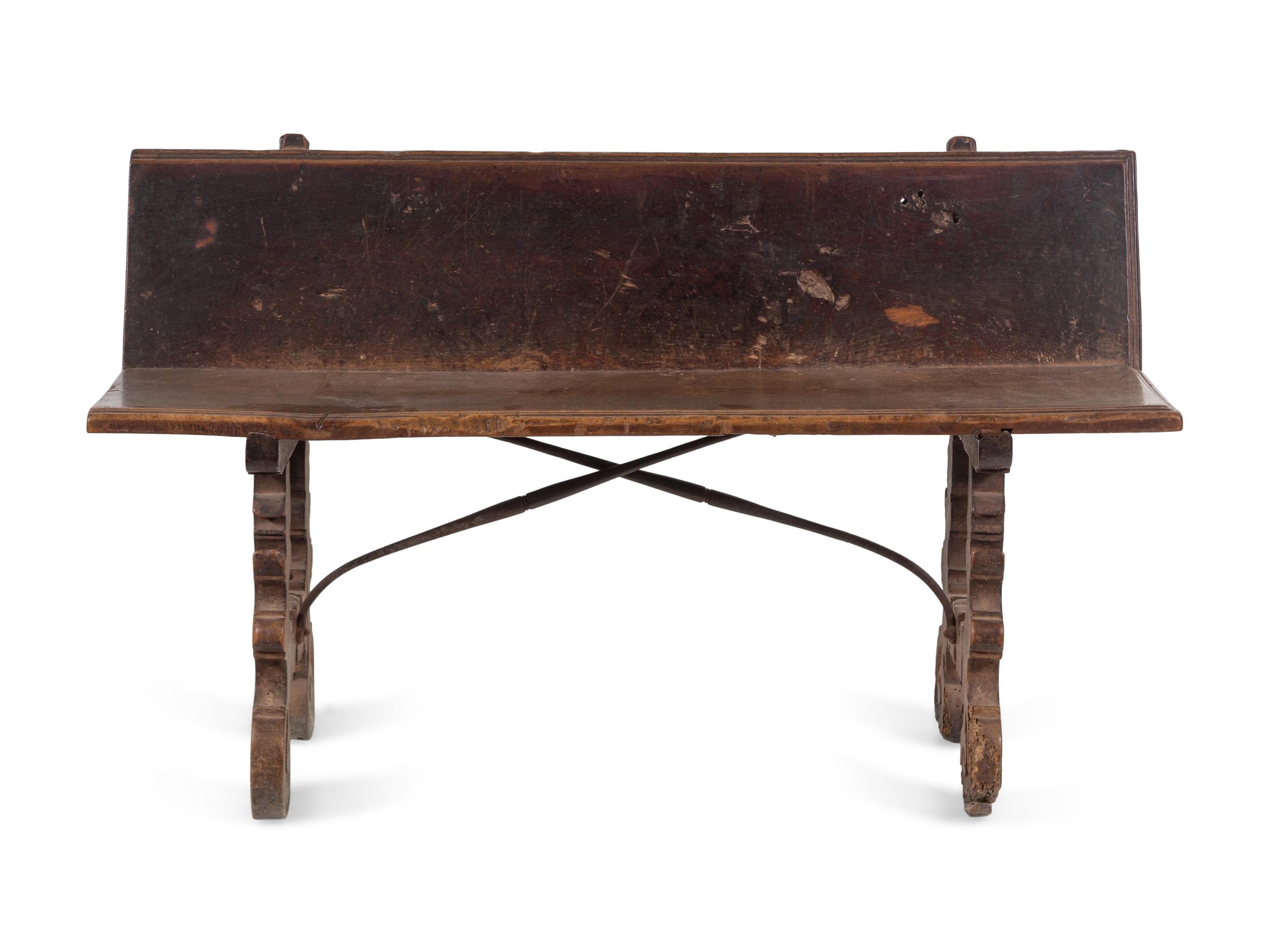 A Baroque Style Wrought Iron Mounted Carved Walnut Bench