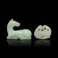 Two Chinese Celadon Jade Carvings, 20th Century 近代 青玉把件兩枚
