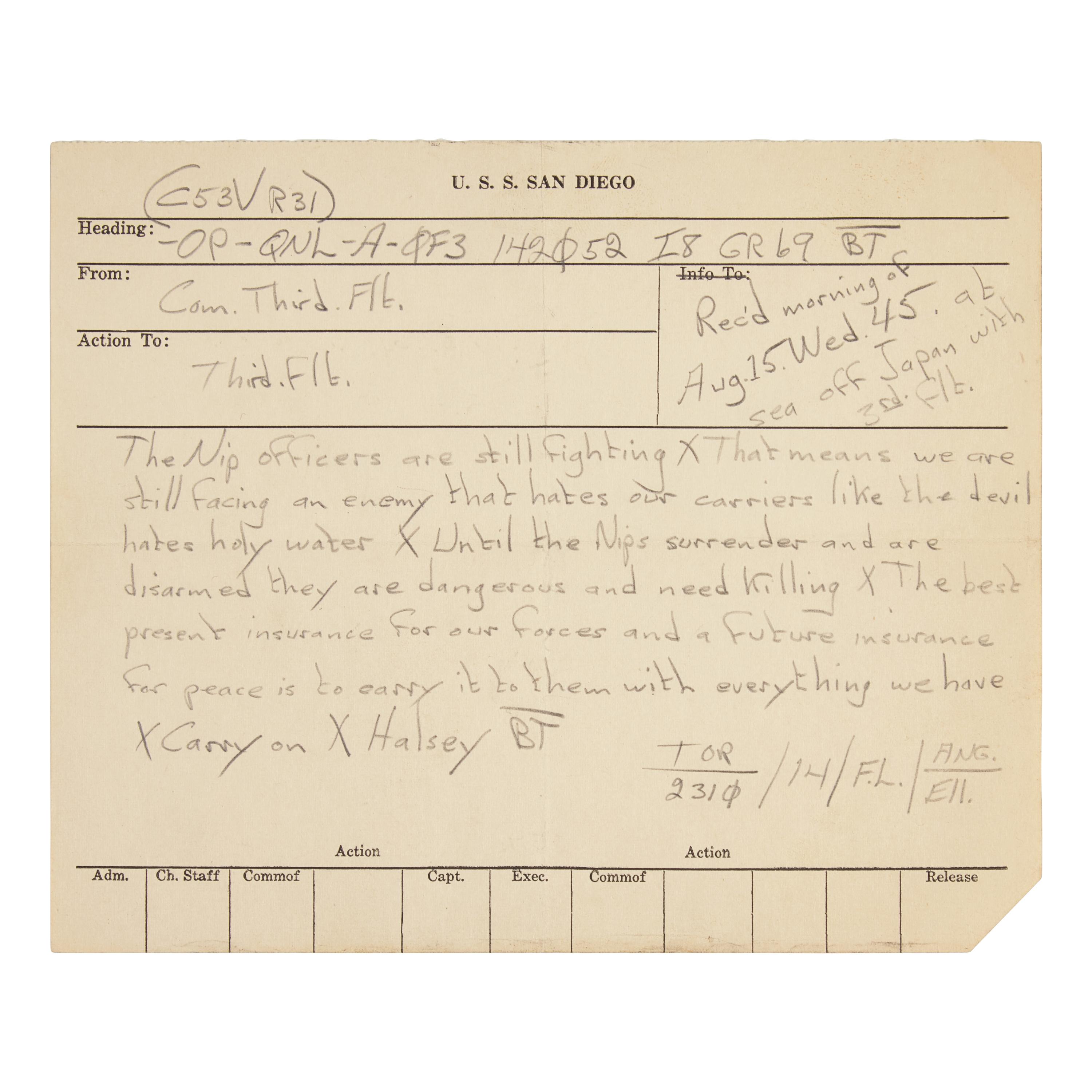 [World War II] Passionate Pacific Theater Manuscript Naval Dispatch, August 15, 1945