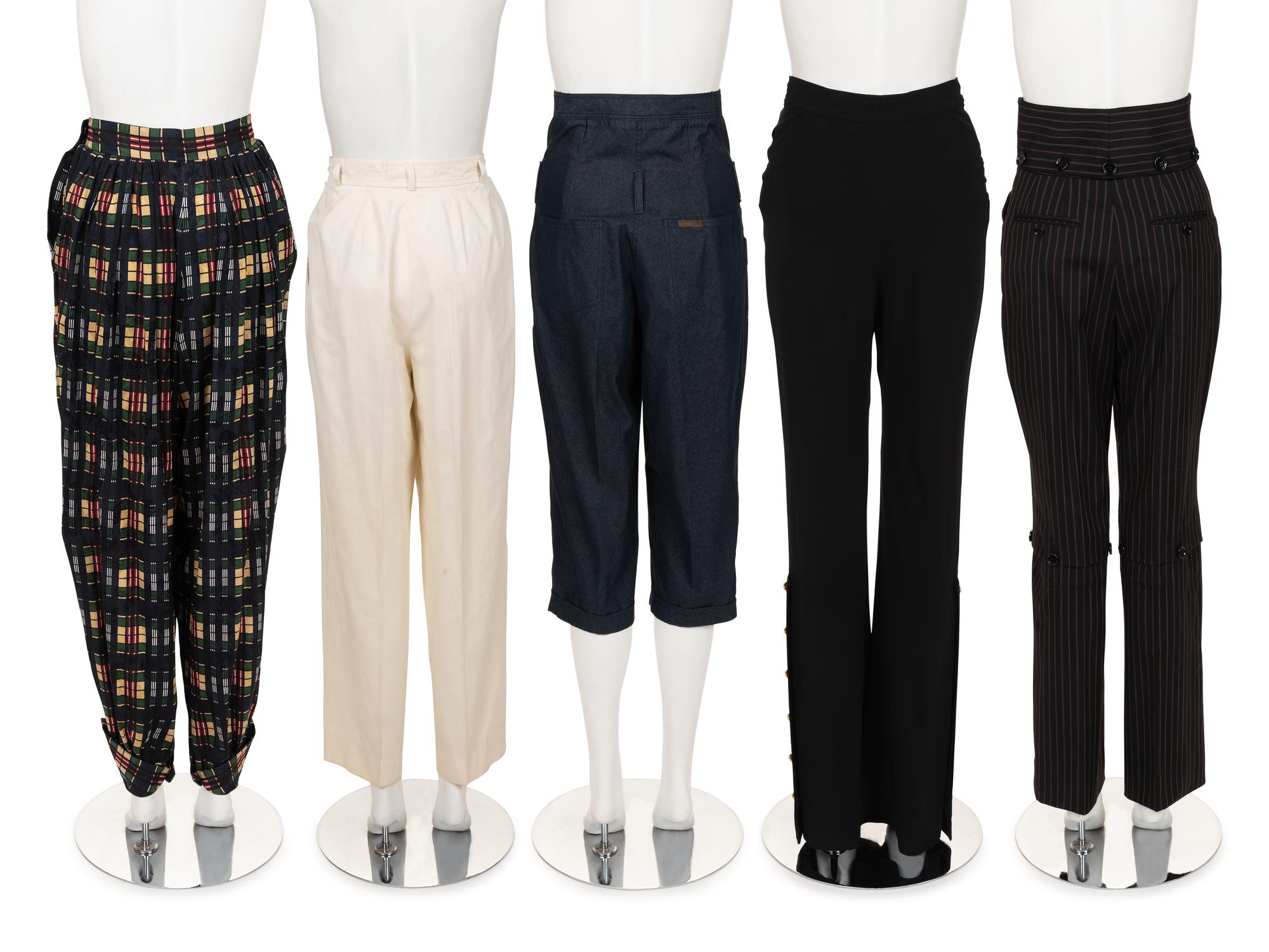 Five Pairs of Designer Pants: One Yves Saint Laurent, One Christian Dior, Two Chanel, and One Dolce & Gabbana, 1980-2000s