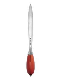 An Oscar Gundlach Pedersen for Georg Jensen Silver and Carnelian Letter Opener