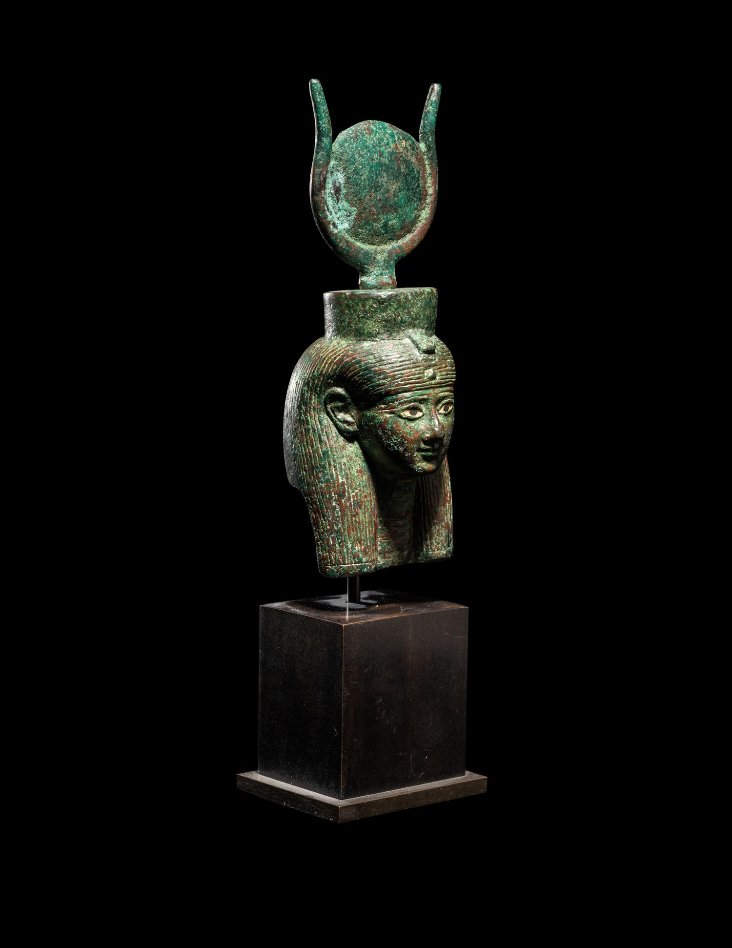 An Egyptian Bronze Bust of Hathor with Bone Inlay