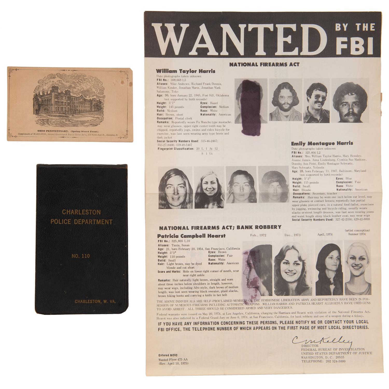 [CRIME AND PUNISHMENT]. A group of 5 items related to law enforcement, including Patty Hearst FBI wanted poster.