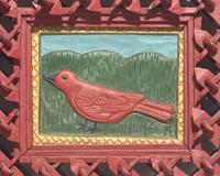 Stephen Huneck (1948-2010), A Carved and Painted Wood Plaque of a Bird in Painted Tramp Art Frame